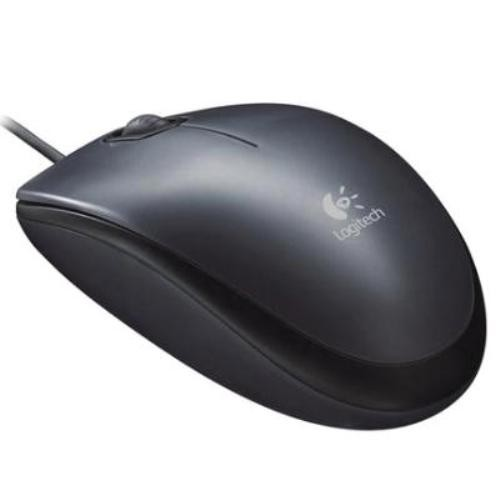 Beyaz arka planda yandan görünen siyah kablolu Logitech bilgisayar faresi.