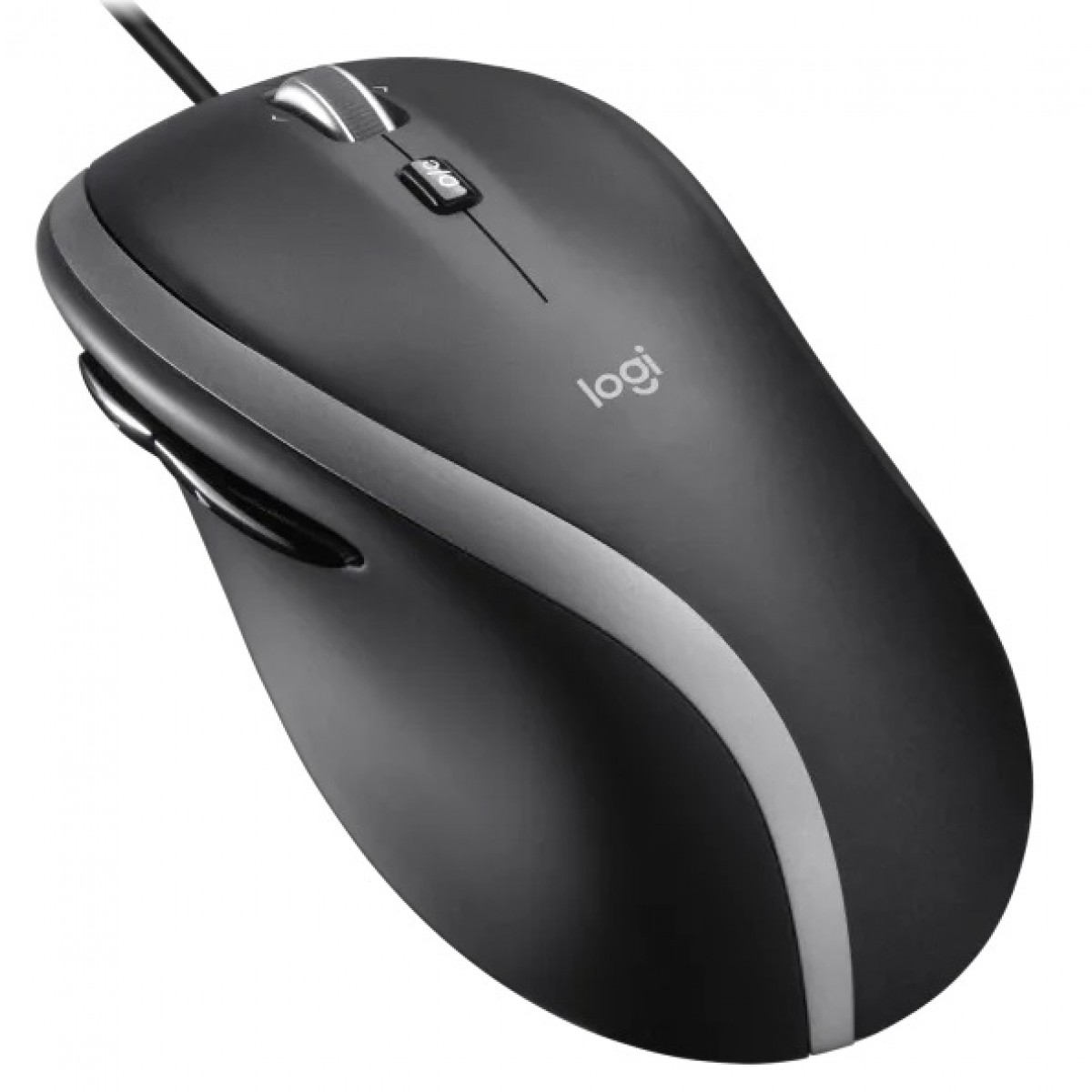 Beyaz arka planda kaydırma tekerleği ve yan tuşları olan siyah ve gri kablolu Logitech bilgisayar faresi.