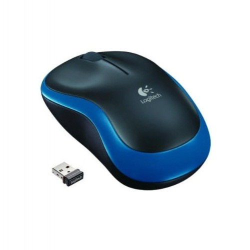 Beyaz arka planda USB alıcısıyla birlikte siyah ve mavi kablosuz Logitech fare.