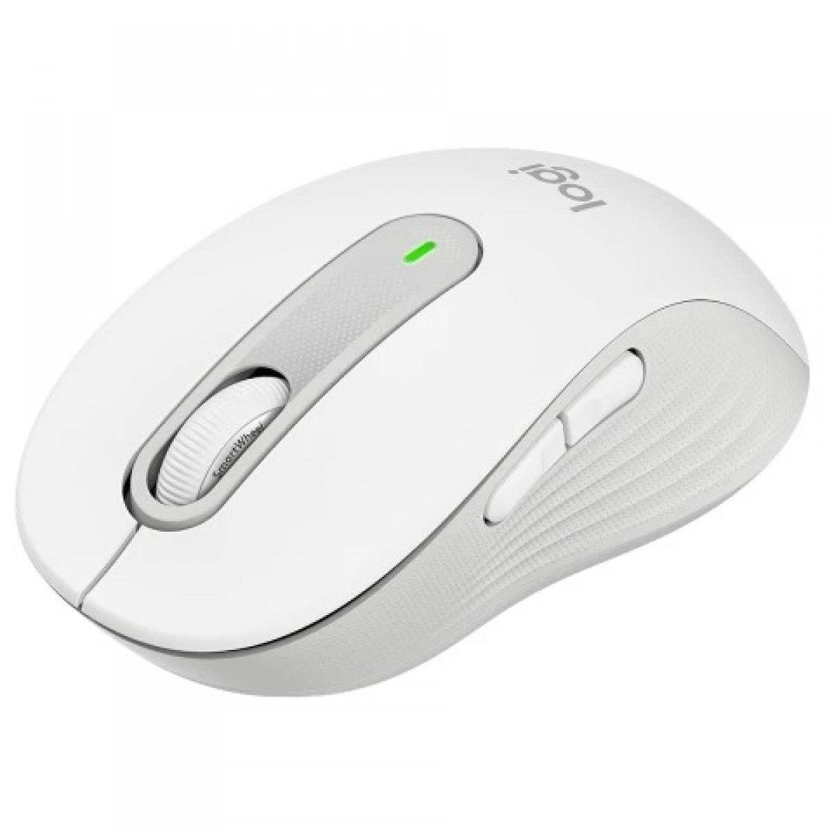 Gri kaydırma tekerleği ve yan tuşları olan beyaz kablosuz bir Logitech fare.