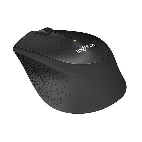 Beyaz zemin üzerinde yeşil ışıklı siyah Logitech bilgisayar faresi.