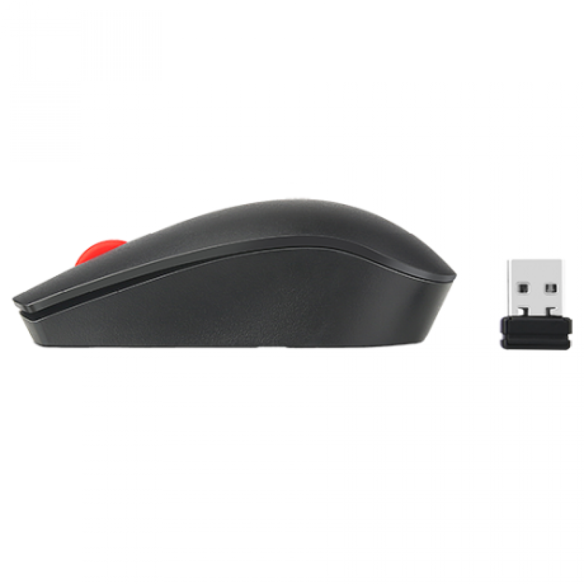 Beyaz arka planda kırmızı kaydırma tekerleğine ve küçük bir USB alıcıya sahip siyah kablosuz fare.