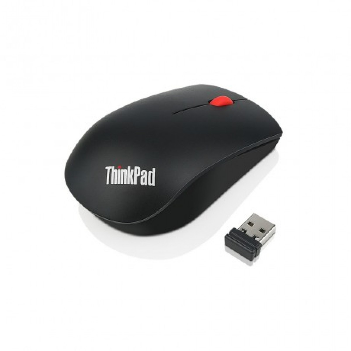 Beyaz arka planda kırmızı tekerlekli ve USB alıcılı siyah bir ThinkPad kablosuz fare.