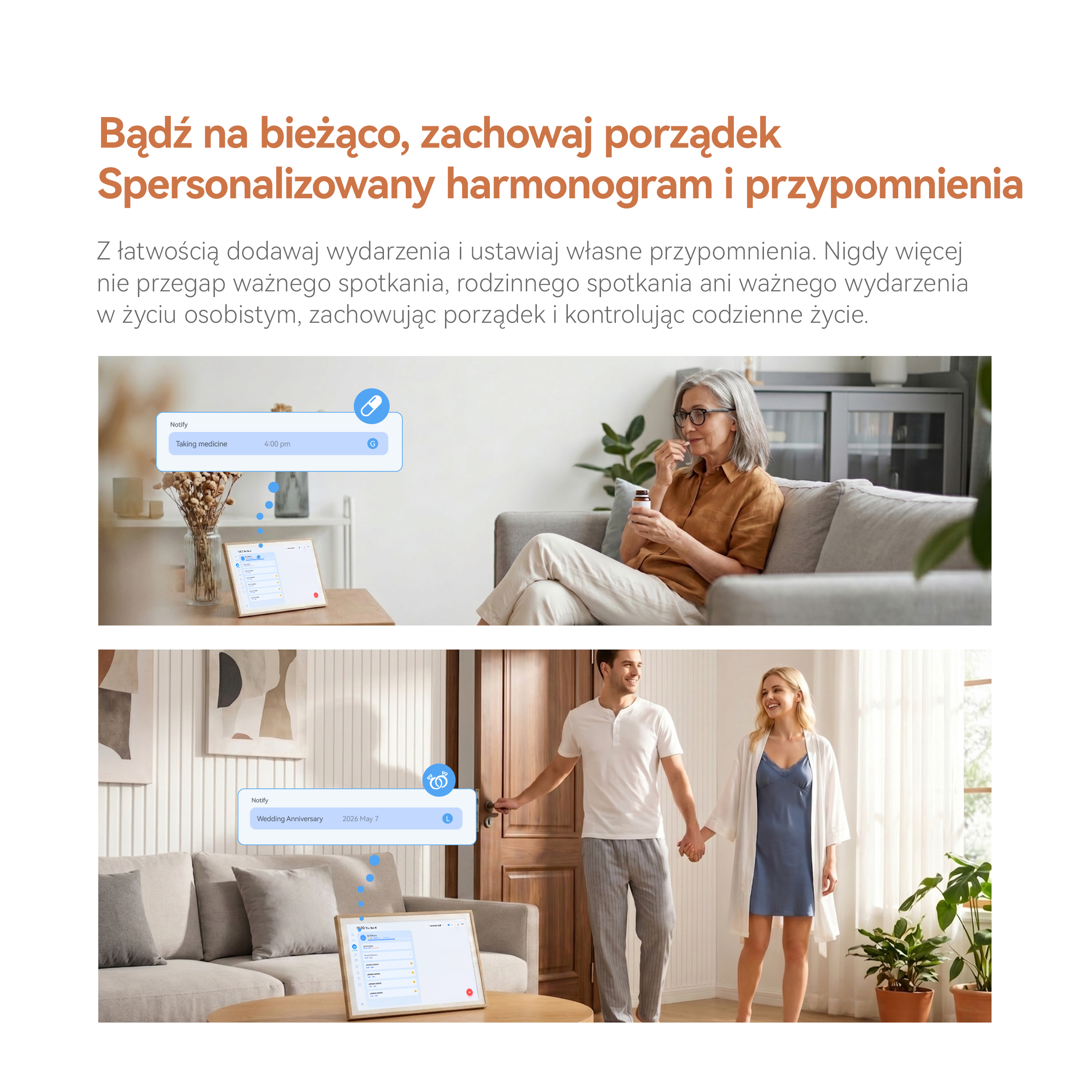 Reklama pokazuje dwie sceny z inteligentnymi ekranami i powiadomieniami pomagającymi starszym i młodszym dorosłym.