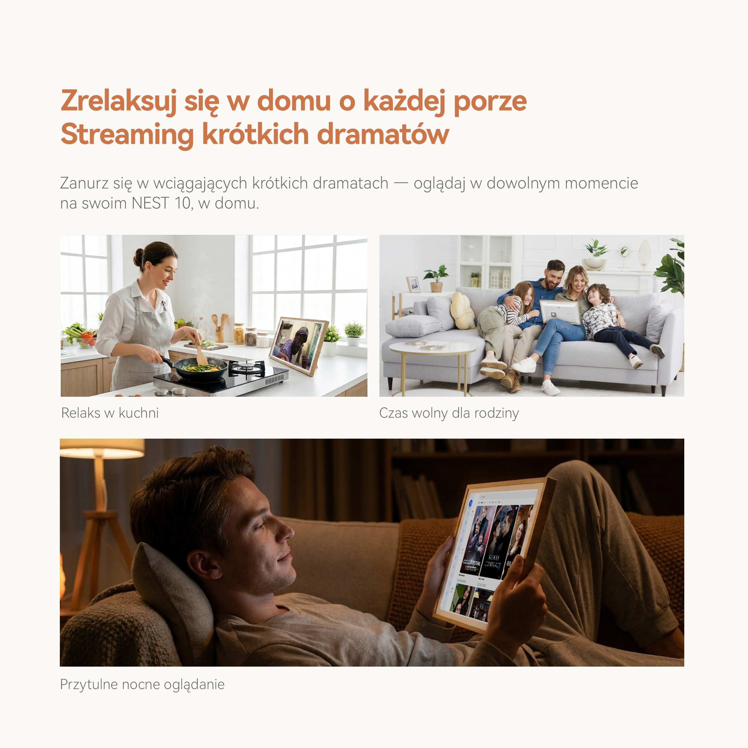 Grafika promocyjna Nest 10 z trzema scenami: gotowanie w kuchni, czas z rodziną na kanapie i relaksujący streaming wideo.