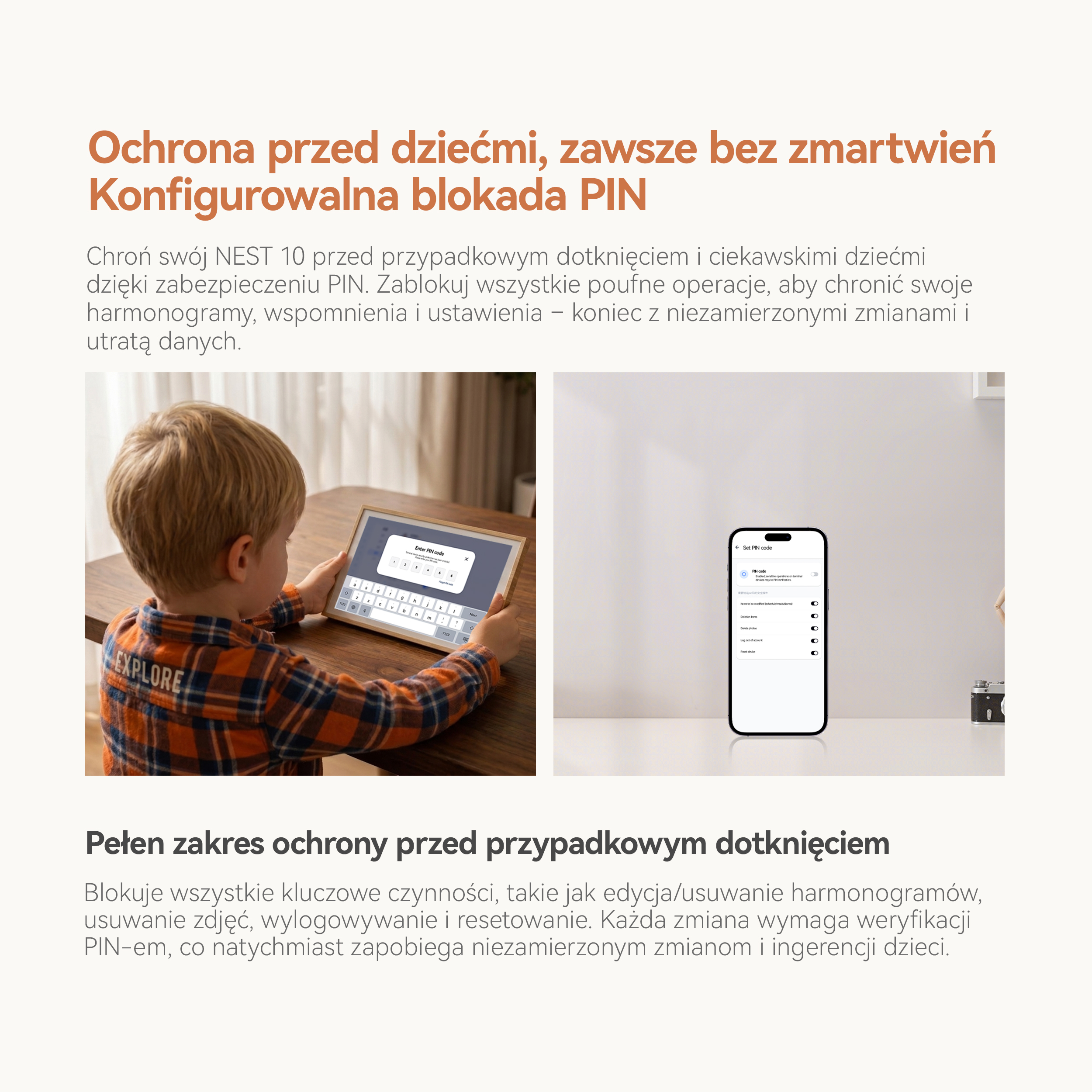 Dziecko dotyka tabletu, po prawej stronie widać smartfon z menu PIN.