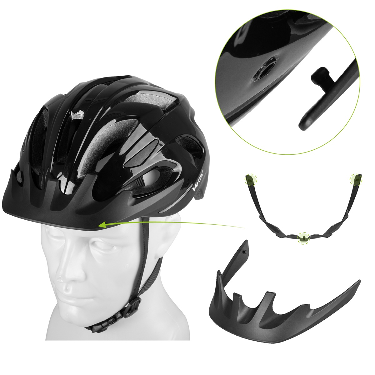 Czarny kask rowerowy na manekinie, pokazujący szczegóły mocowania daszka.