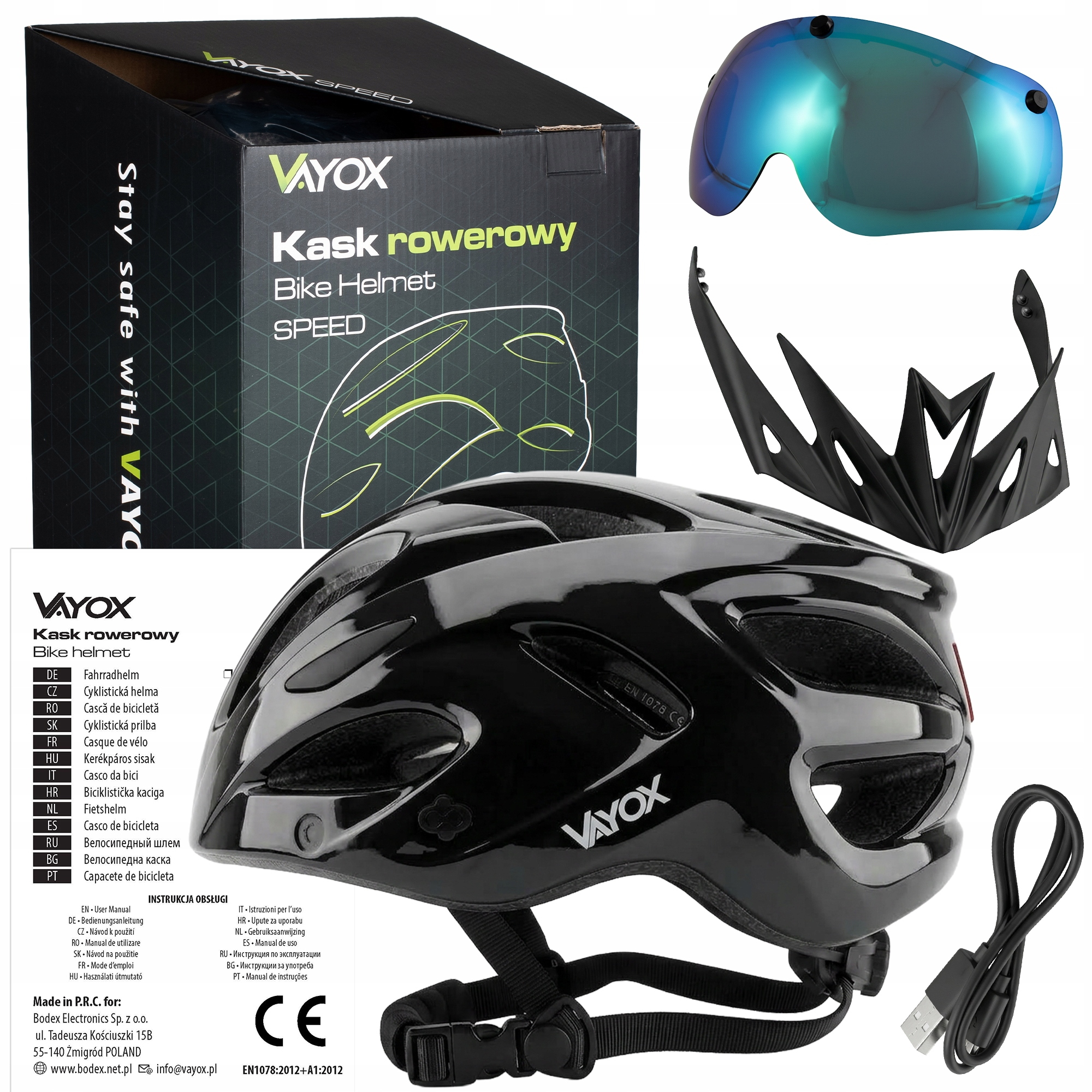Czarny kask rowerowy Vayox z pudełkiem, niebieskim wizjerem, czarnym daszkiem, kablem i instrukcją.