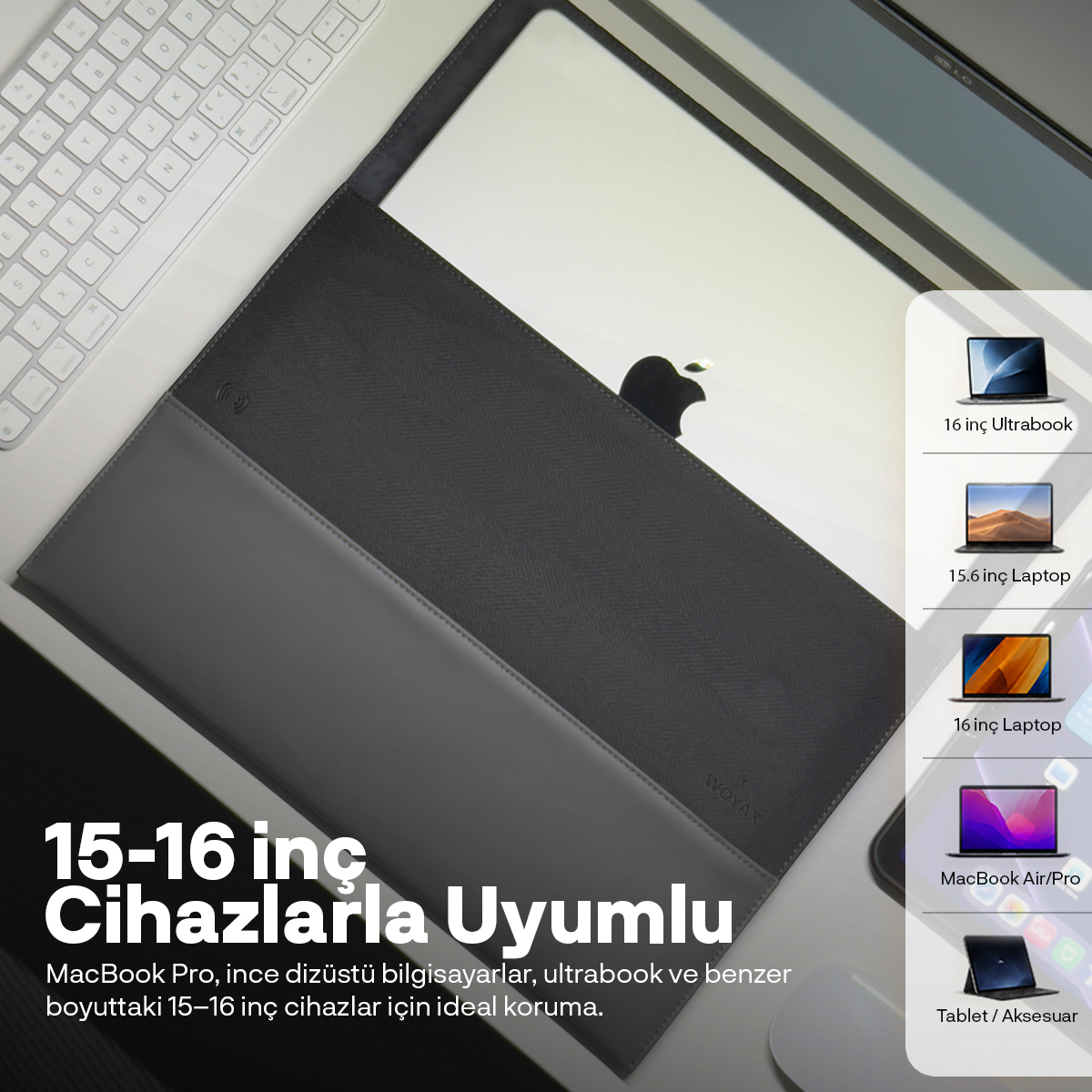 Metin ve ürün örnekleri içeren bir masada gri renkli MacBook Pro kılıfı.