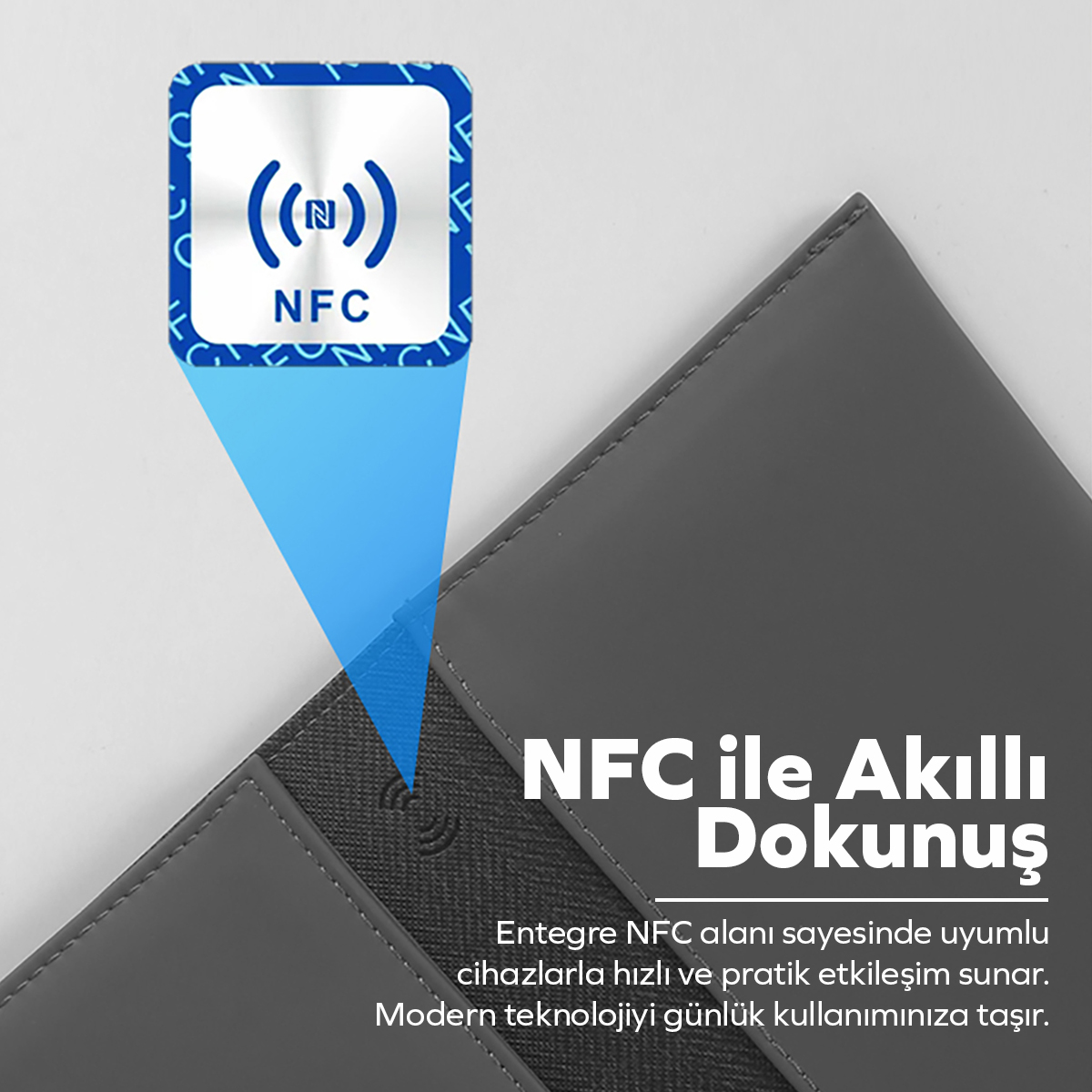 Entegre NFC simgesine ve açıklayıcı Türkçe metne sahip gri deri kılıf.