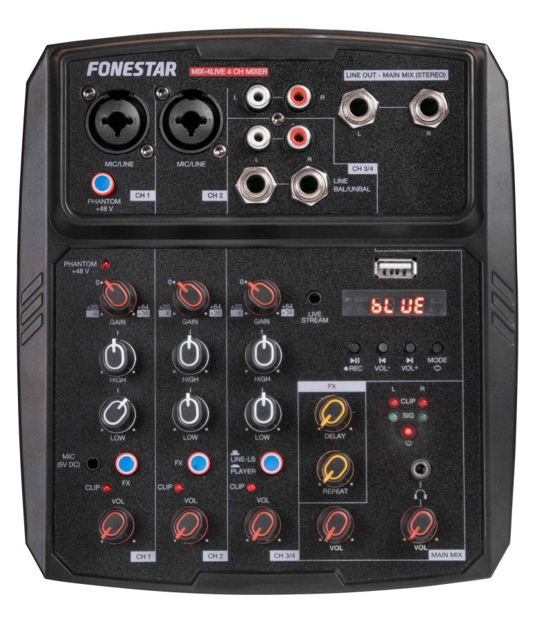 Mezclador de audio negro Fonestar de 4 canales con múltiples perillas, puertos y una pequeña pantalla LED.