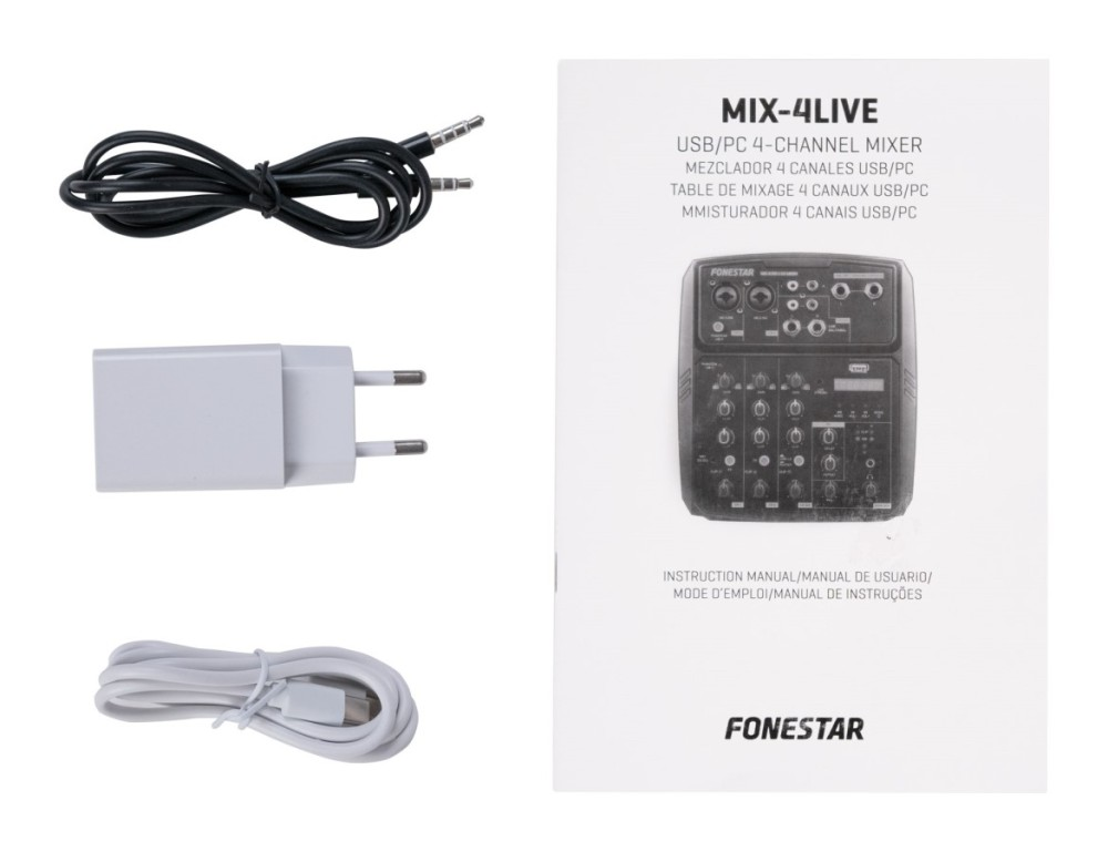 Un manual de mezclador USB, un adaptador de corriente y dos cables sobre fondo blanco.
