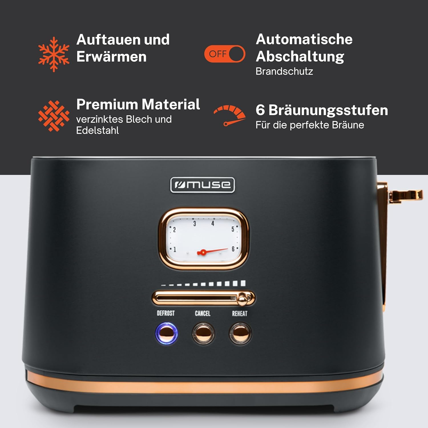 Schwarzer Toaster mit kupferfarbenen Akzenten und Funktions-Icons oben.