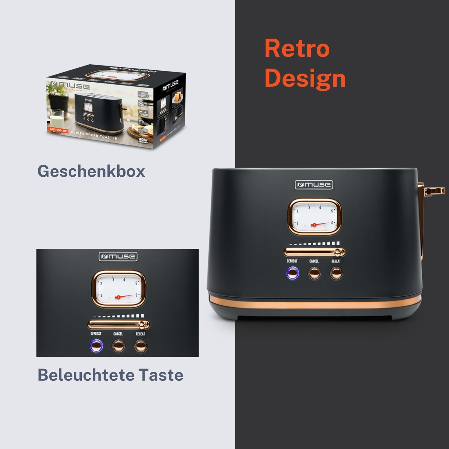 Schwarzer Retro-Toaster mit rosé goldenen Akzenten, beleuchteten Tasten, Geschenkbox und Detailansicht.