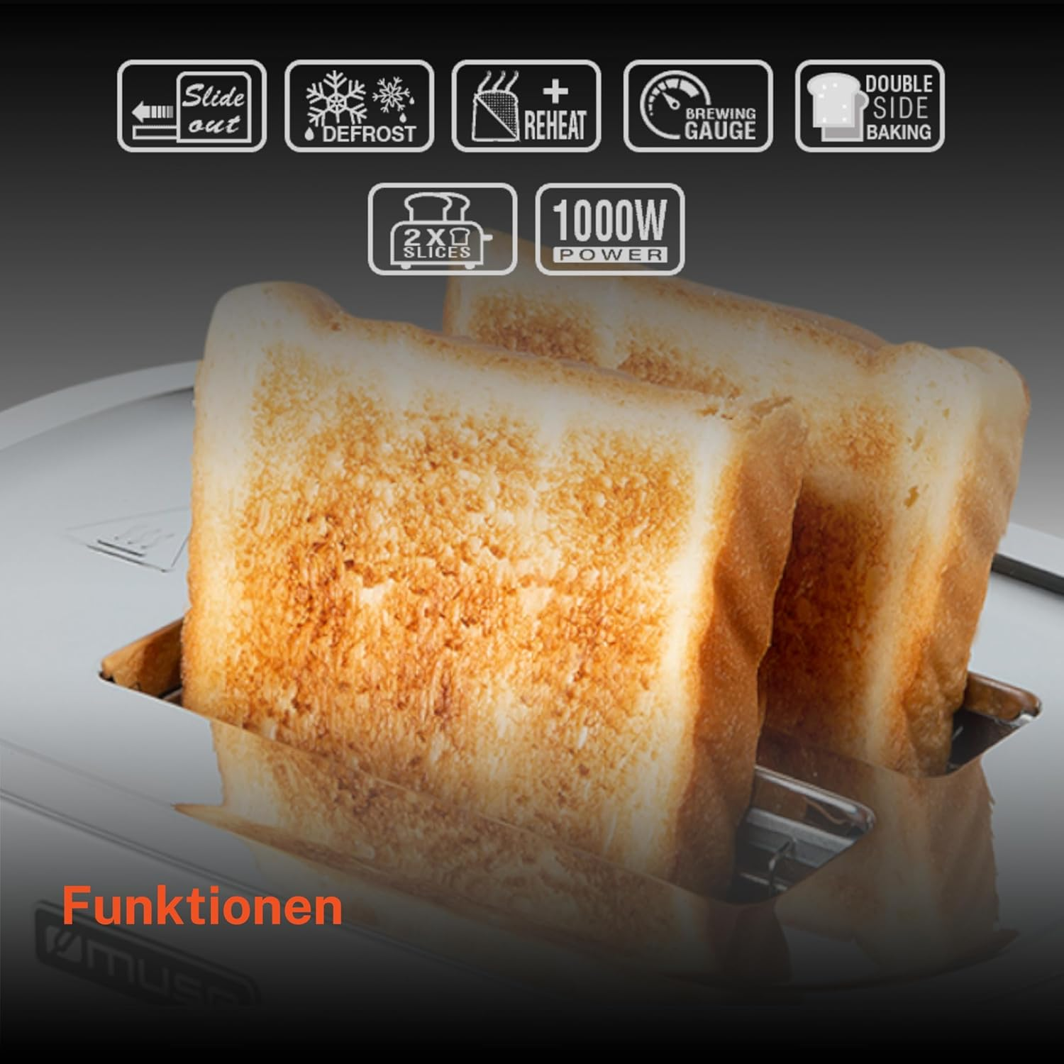 Zwei goldbraune Toastscheiben stecken in einem Toaster, umgeben von Funktionen-Icons oben.