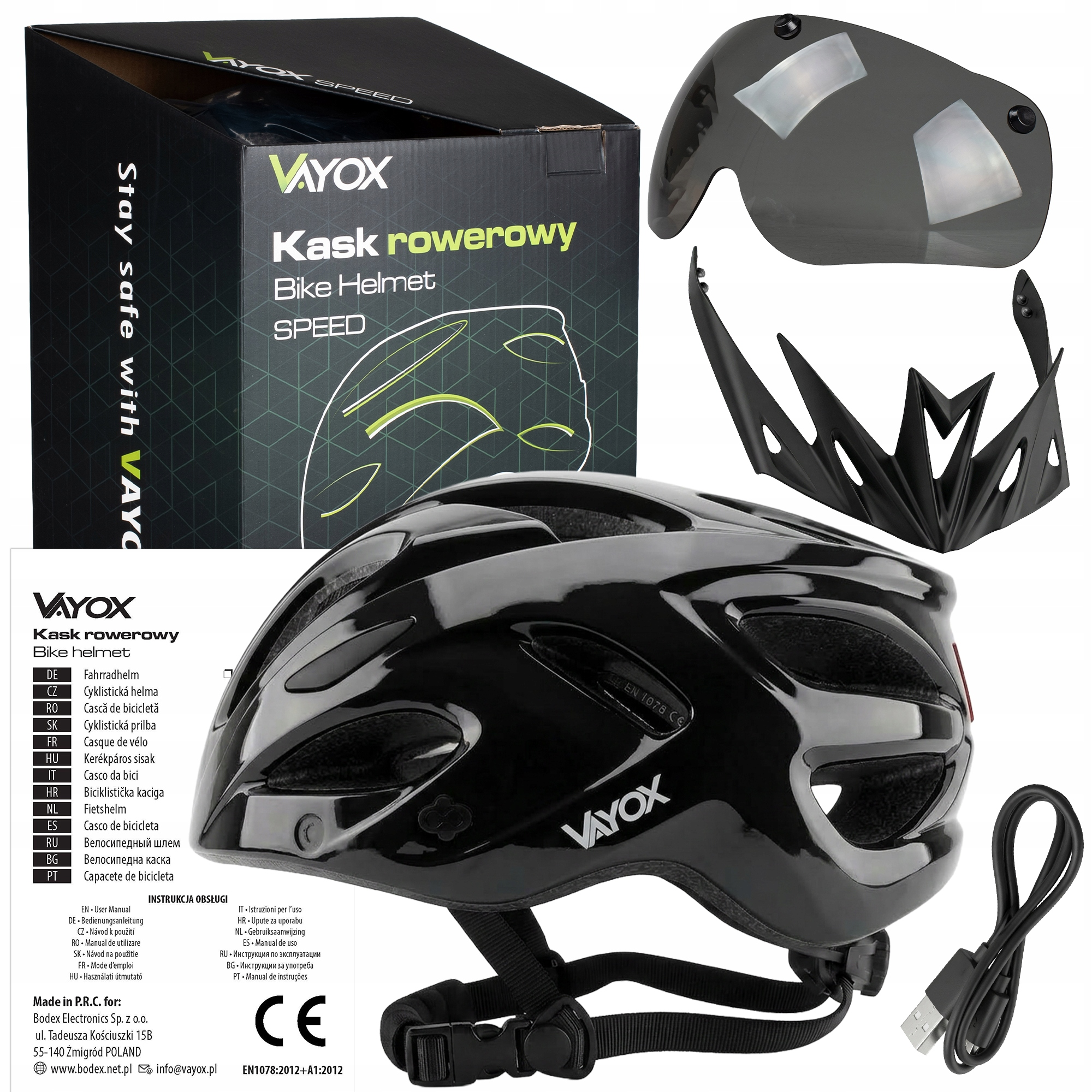Czarny kask rowerowy Vayox, pudełko, przyciemniana szyba, odpinany daszek i kabel USB.