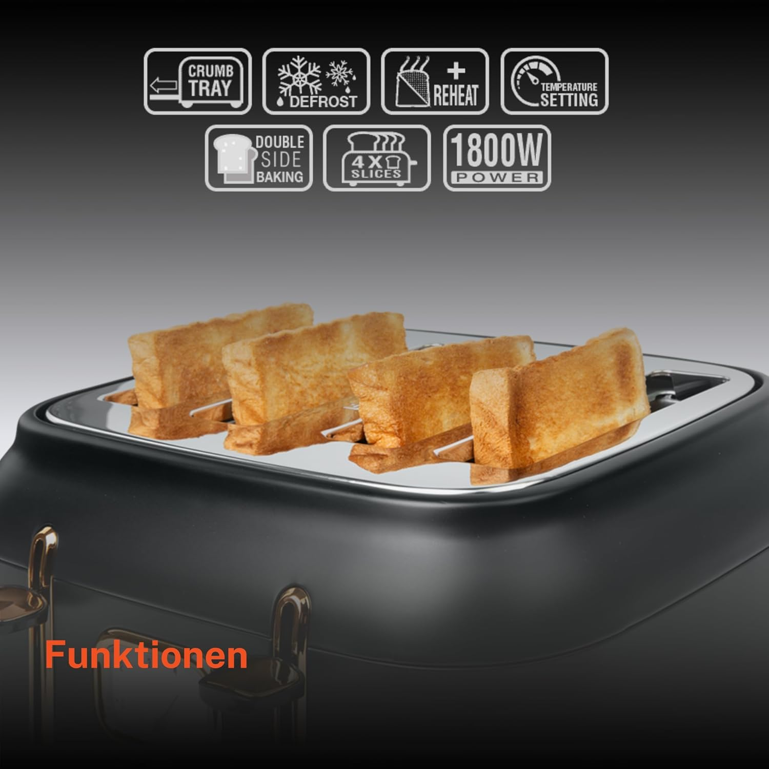Un tostapane nero con quattro fette di pane e funzioni come raccoglibriciole, scongelamento, riscaldamento e 1800W.