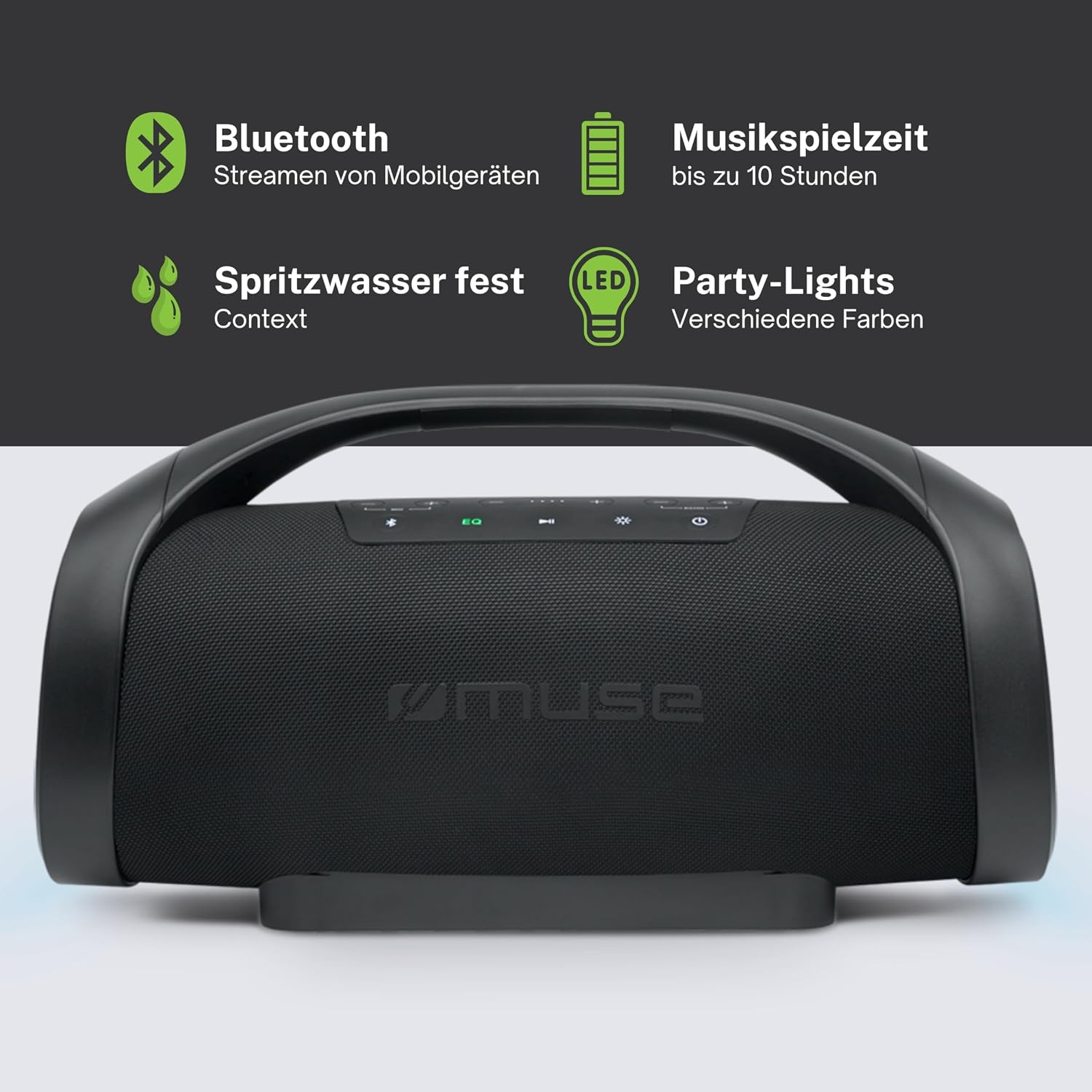 Ein schwarzer Muse-Bluetooth-Lautsprecher mit Tragegriff und Icons für Bluetooth, Akku, Spritzwasserschutz und LEDs.