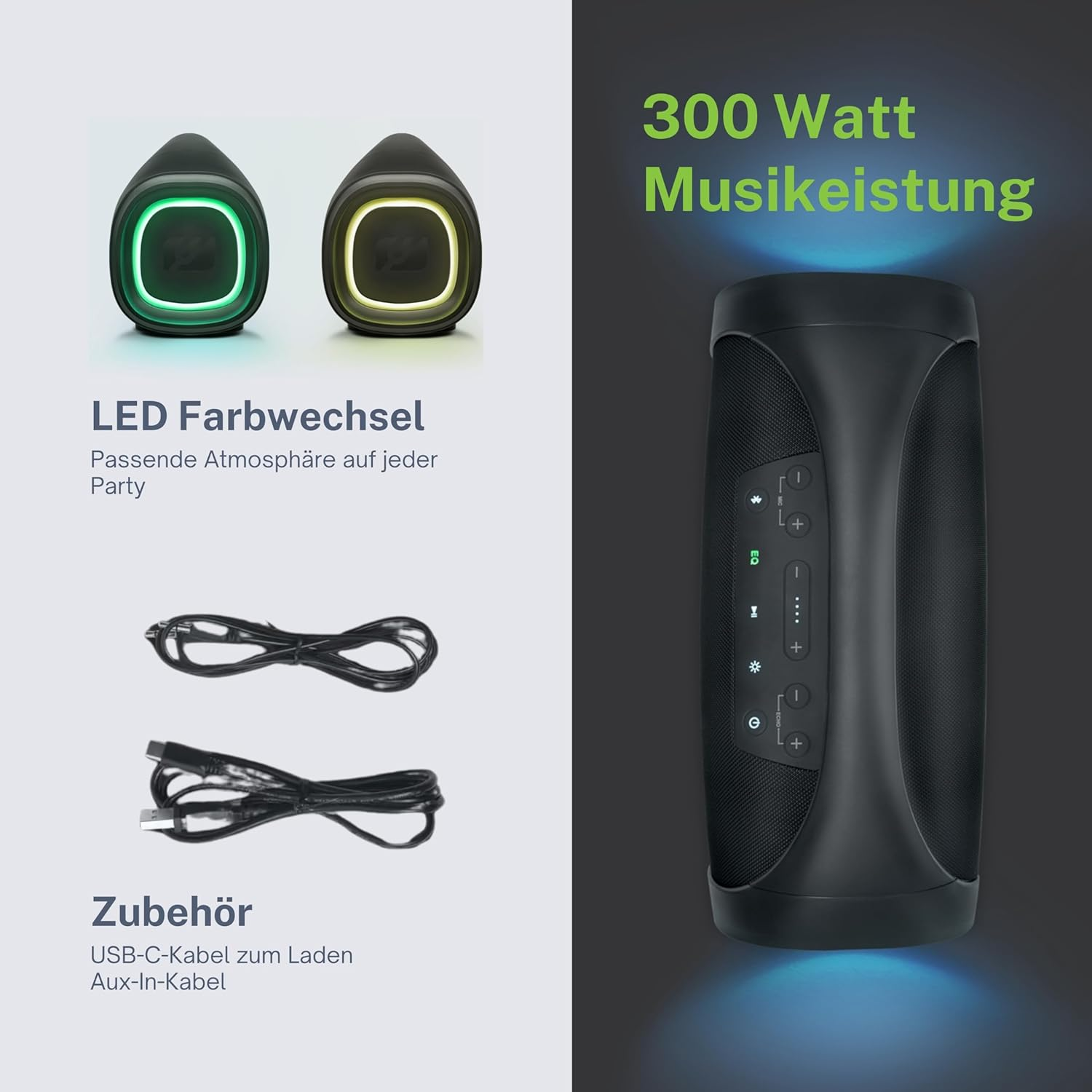 Schwarzer Bluetooth-Lautsprecher mit LED-Beleuchtung, Zubehörkabeln und Text.