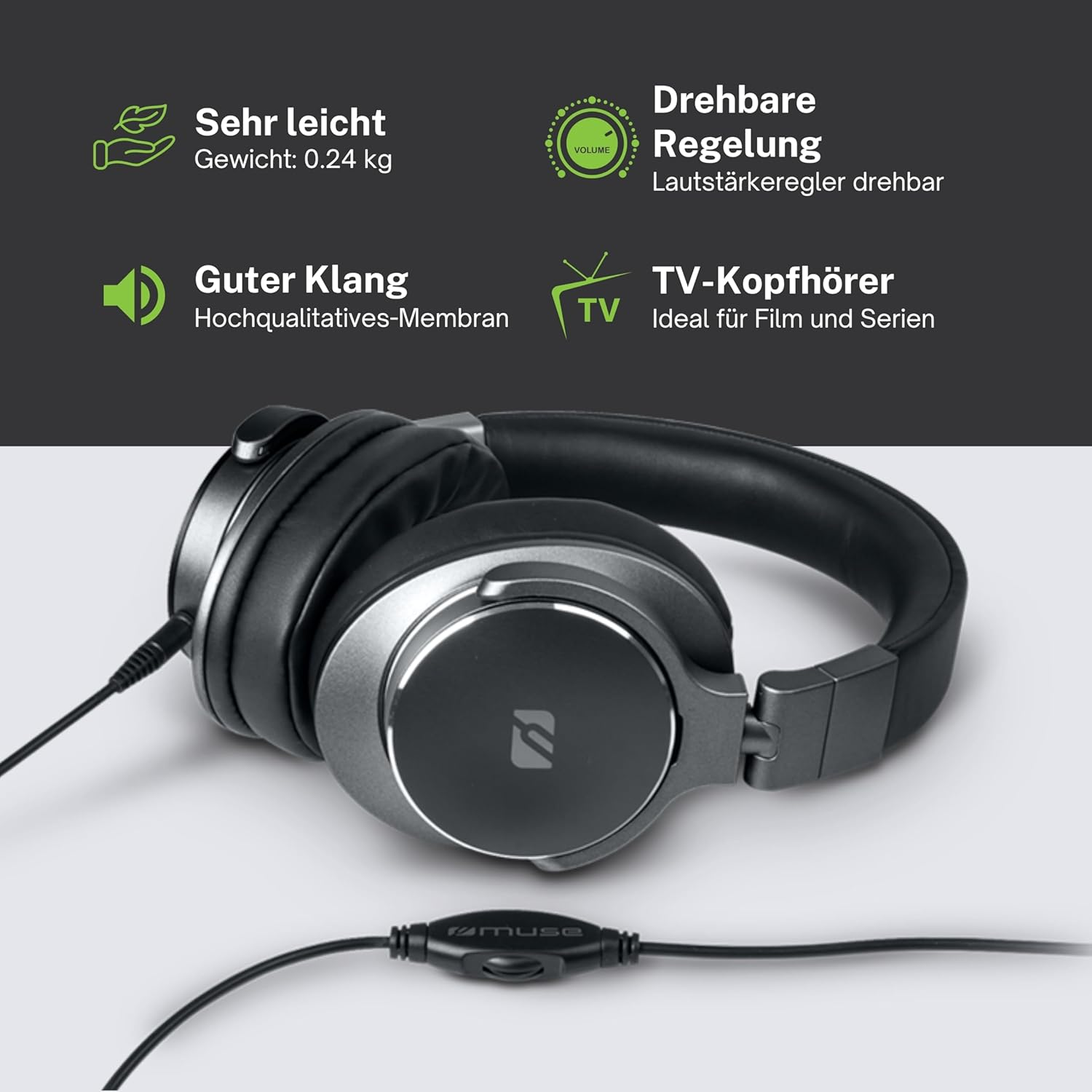 Cuffie on-ear nere con cavo, controllo del volume ed etichette in tedesco su sfondo grigio.
