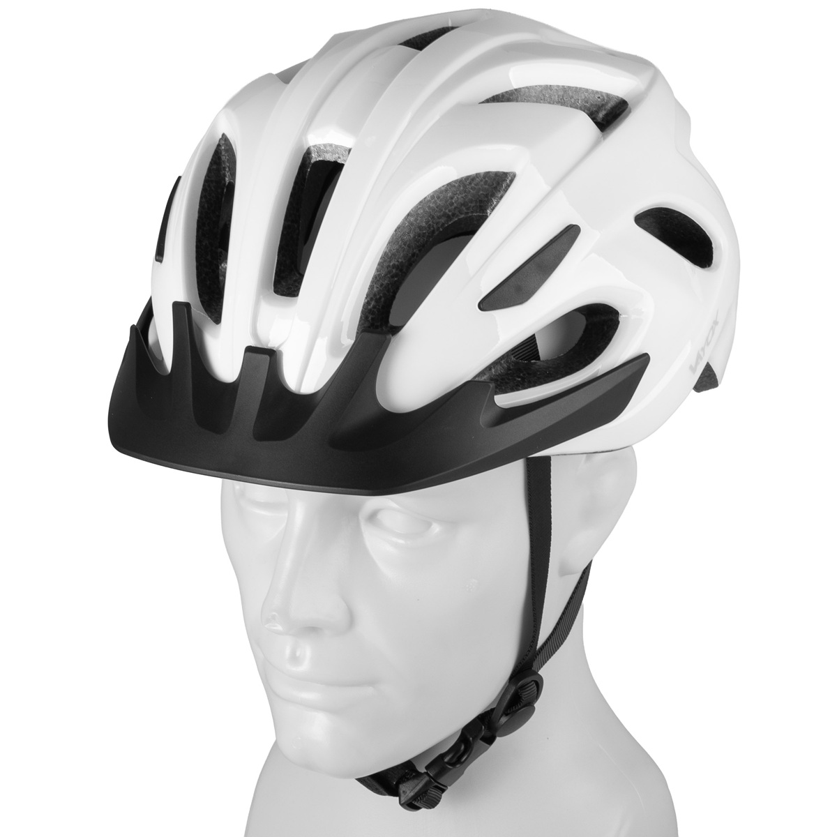 Biały kask rowerowy z czarnym wizjerem na białej głowie manekina.