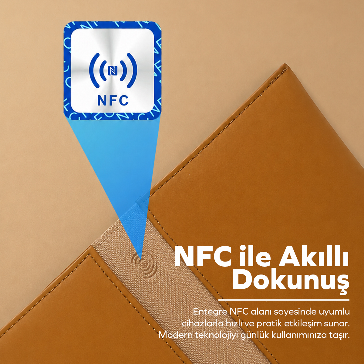 Bej arka planda entegre NFC simgesi ve açıklayıcı metin içeren kahverengi deri kılıf.