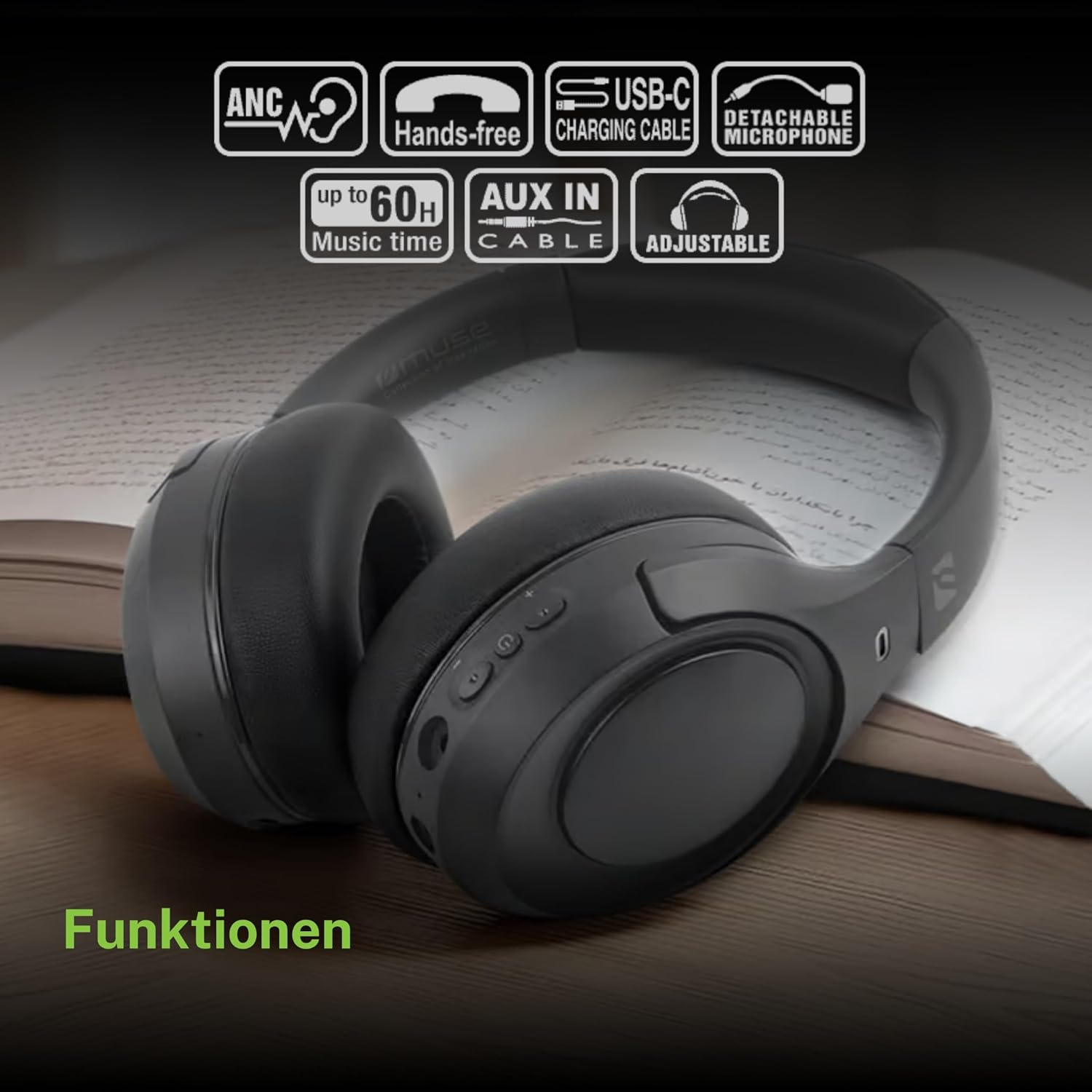 Cuffie over-ear nere su un libro aperto con icone delle funzioni sopra.