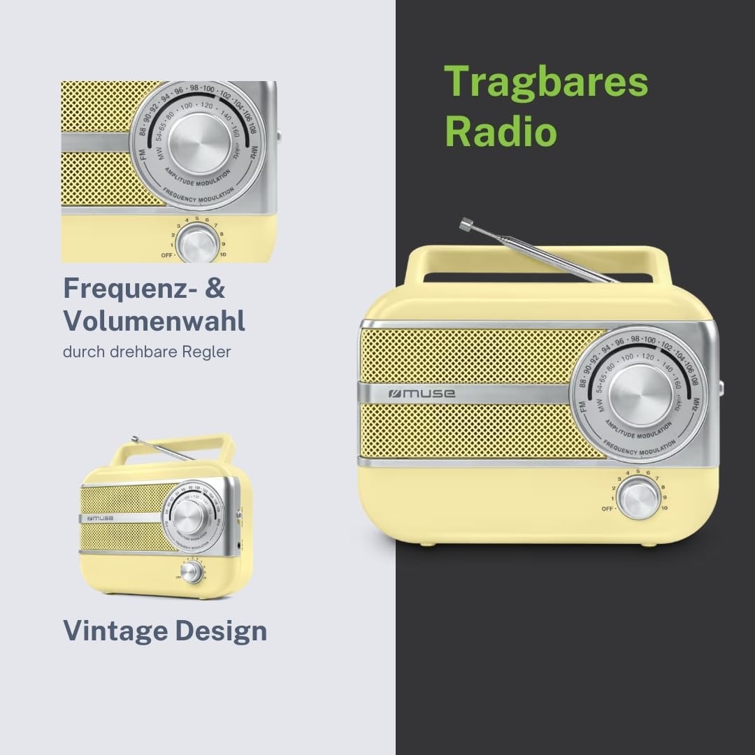 Ein tragbares gelbes Retro-Radio mit silbernen Bedienelementen und Texten auf Deutsch.