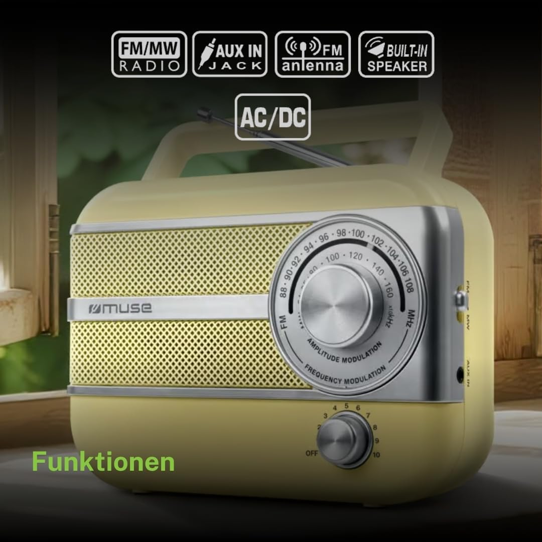 Ein vintage gelbes Radio mit silbernem Drehregler, Griff und Funktionen oben.