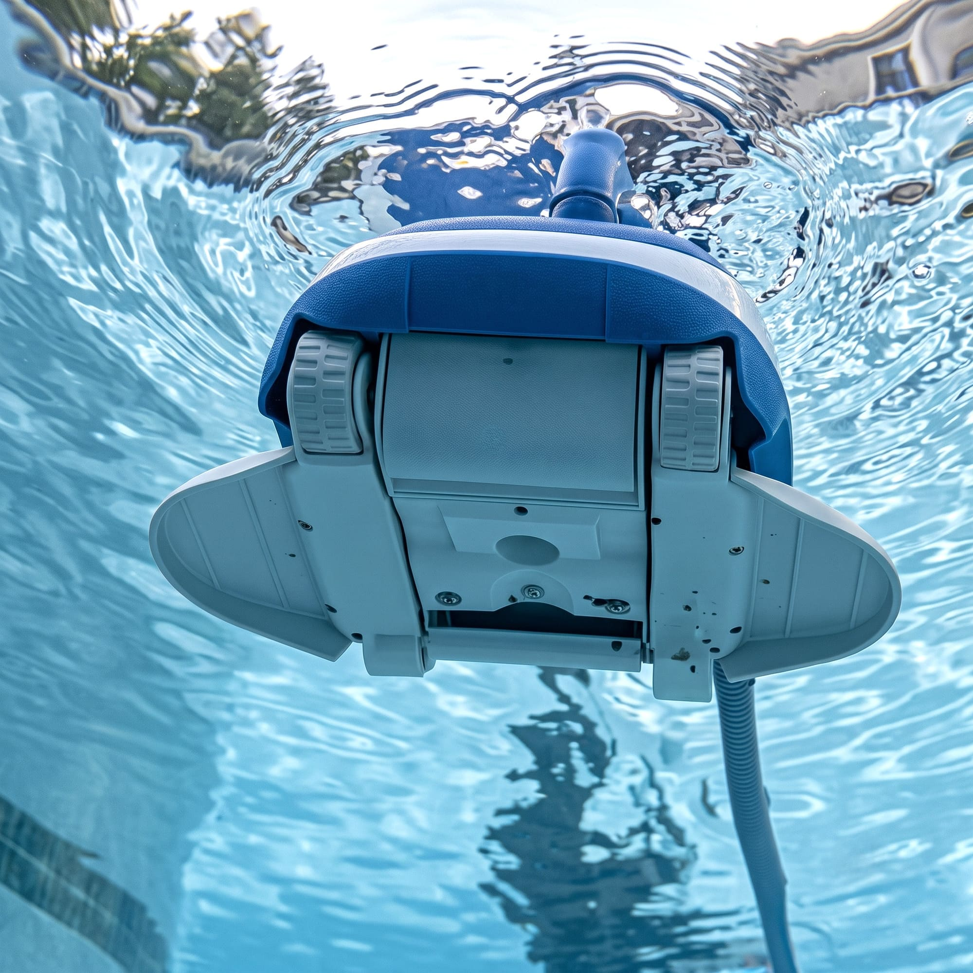 Vista subacquea di un robot puliscipiscina blu e bianco che galleggia in acqua limpida.