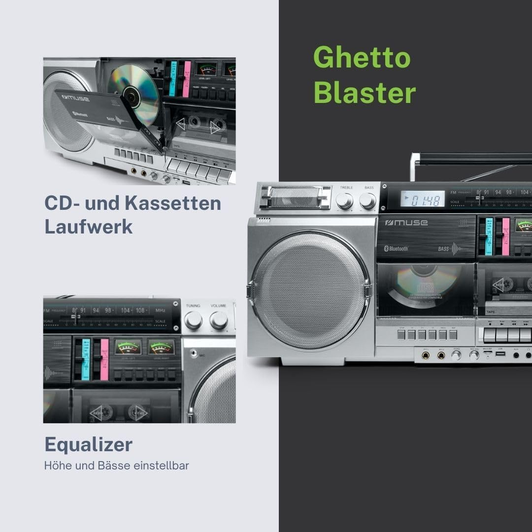 Un boombox argentato con lettore CD, piastra di cassette ed equalizzatore su sfondo scuro.