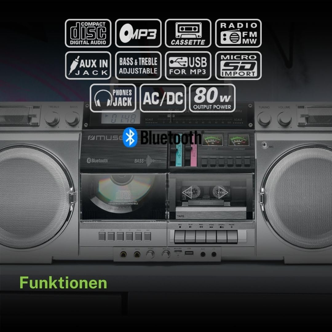 Uno stereo portatile argento con CD, cassetta, Bluetooth, USB e 80W, con icone delle funzioni sopra.