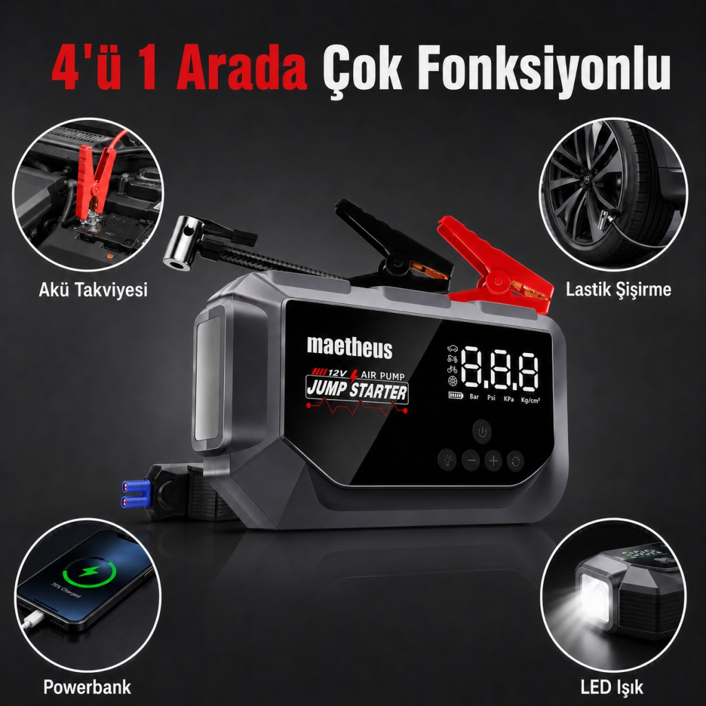 Ekranlı gri 4'ü 1 arada takviye ve hava pompası cihazı, fonksiyonlarını gösteren küçük yuvarlak görsellerle çevrili.