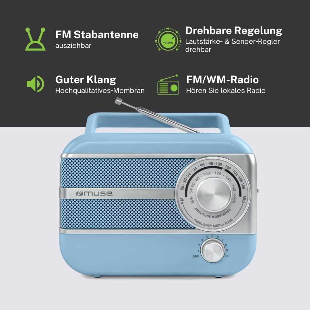 Una radio retro azzurra con griglia argentata, quadrante rotondo e antenna telescopica.