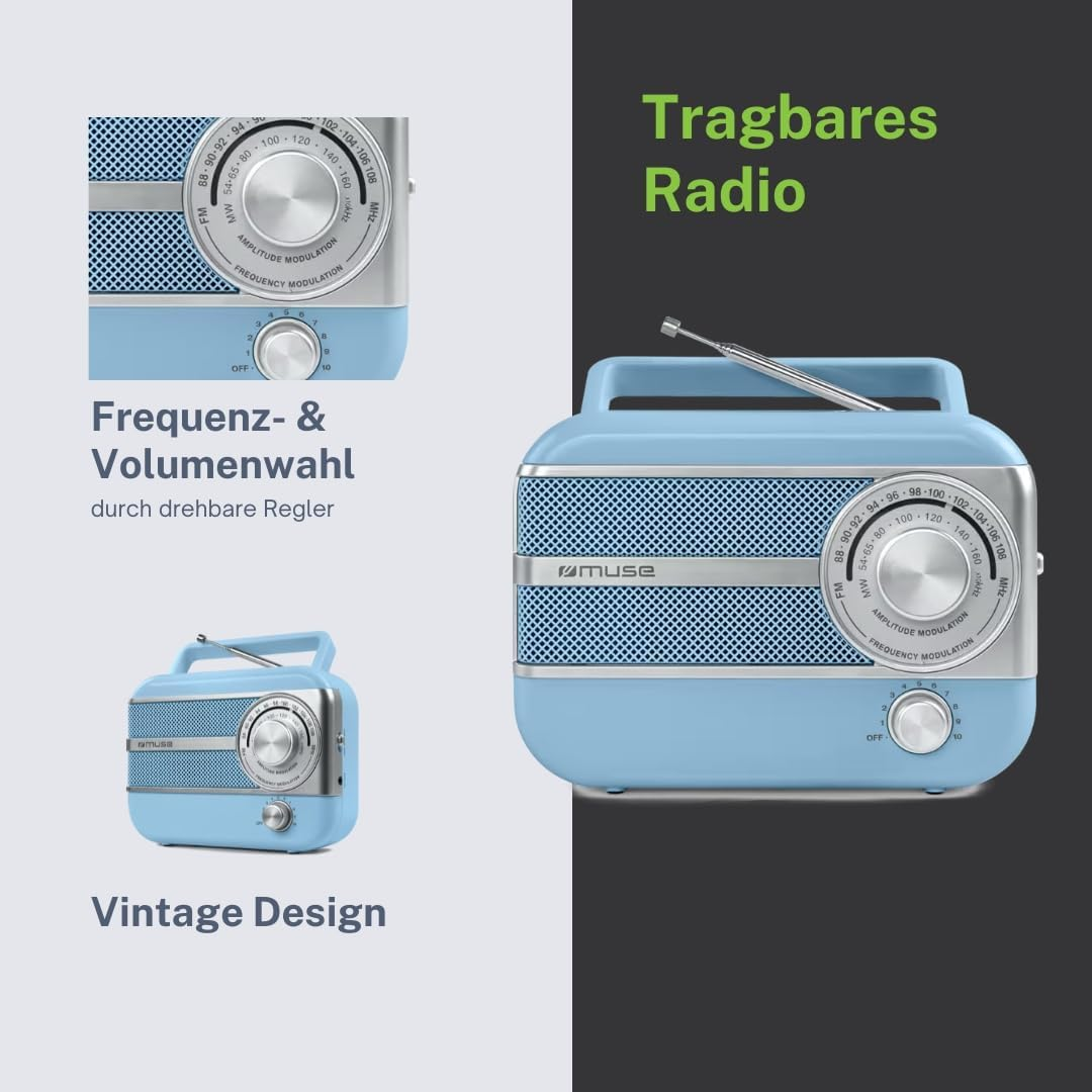 Una radio portatile azzurra dal design vintage con manopole per frequenza e volume.