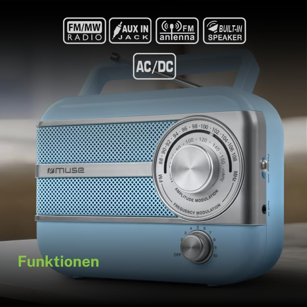 Una radio retro azzurra con pannello argentato, grande manopola e funzioni come FM/MW e AUX-in.