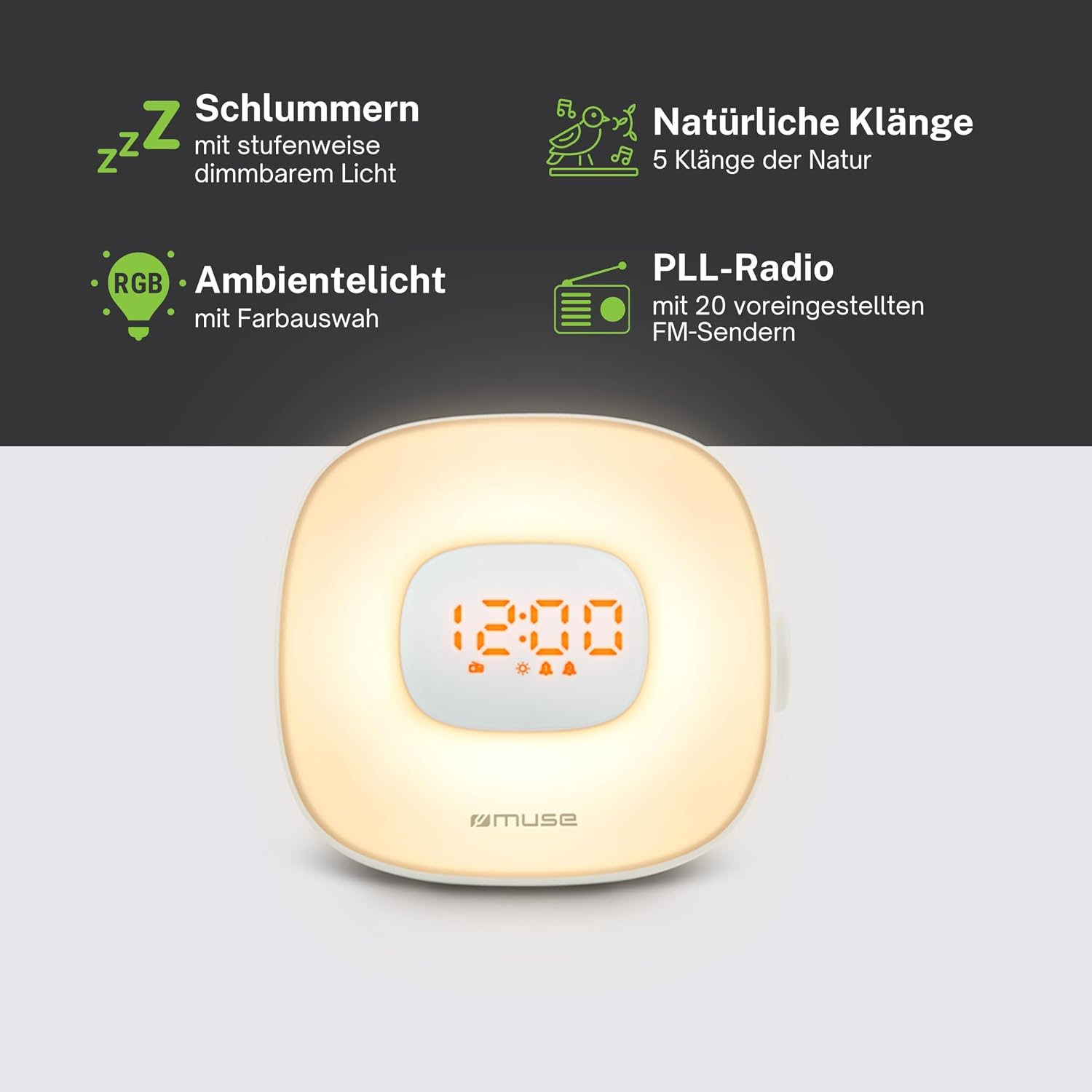 Weißer Wecker mit warmem Licht und orangefarbenem Digitaldisplay zeigt 12:00, mit Funktionssymbolen.