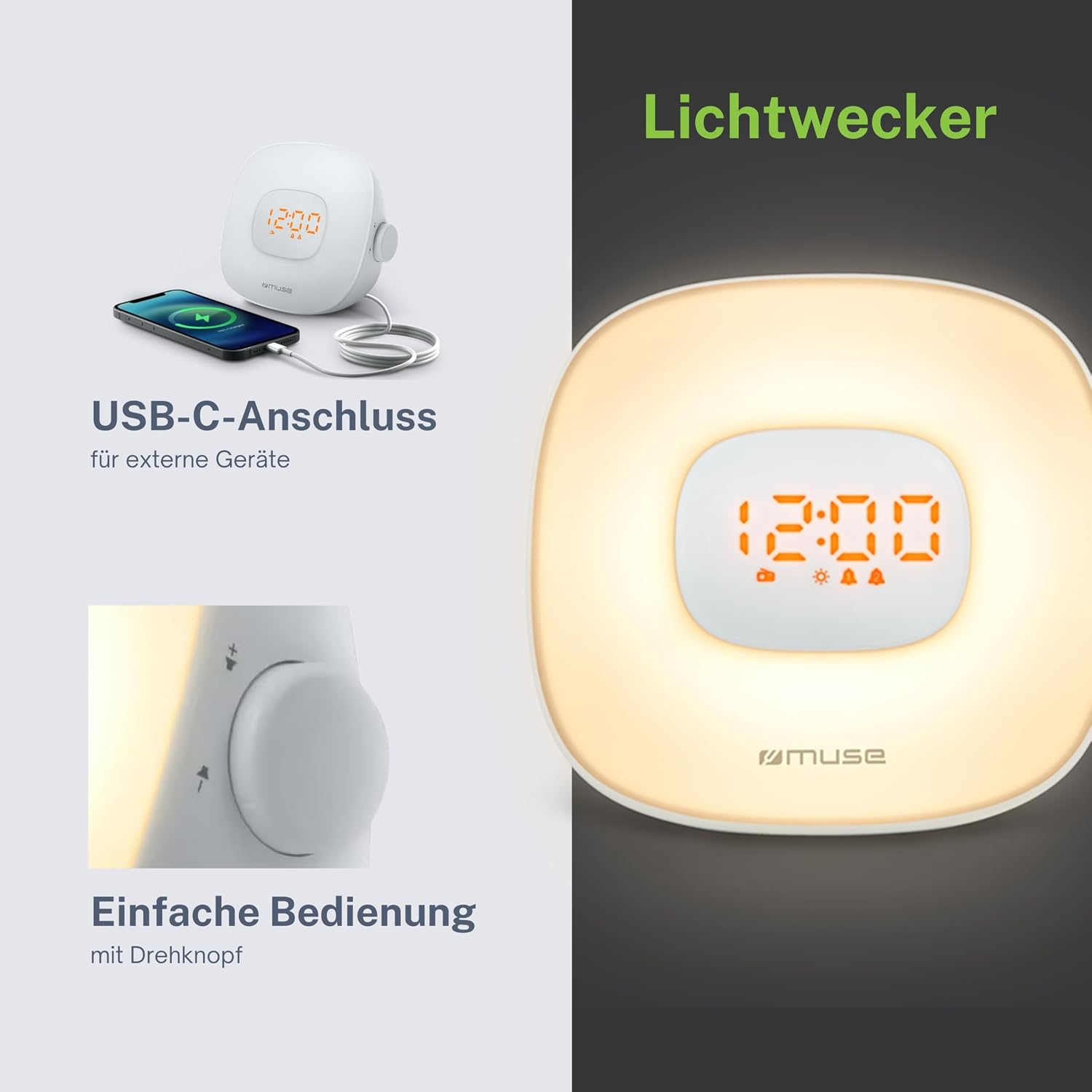 Ein weißer Lichtwecker mit USB-C-Anschluss für externe Geräte und einem Drehknopf für einfache Bedienung.