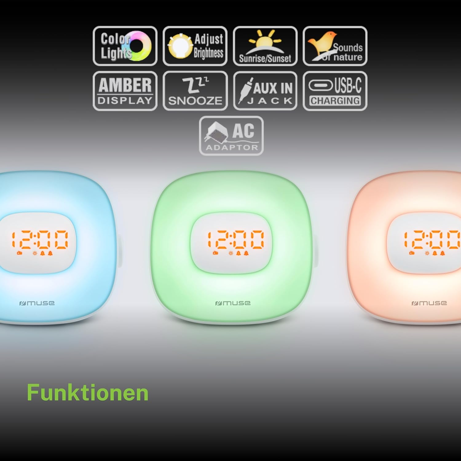 Drei bunte Wecker mit verschiedenen Funktionen wie farbigem Licht, Dimmbarkeit und USB-C-Anschluss.
