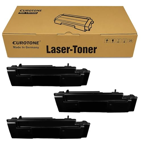 Eurotone Lasertoner-Schachtel mit drei darunter angeordneten schwarzen Tonerkartuschen auf weißem Hintergrund.
