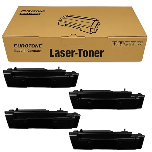 Eine Eurotone Lasertoner-Schachtel mit vier schwarzen Tonerkartuschen davor auf weißem Hintergrund.
