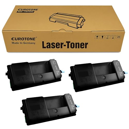 Eine Eurotone Laser-Toner Box mit drei schwarzen Tonerkartuschen davor auf weißem Grund.
