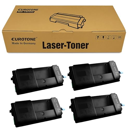 Eine Eurotone Laser-Toner Verpackung und vier schwarze Tonerpatronen auf weißem Hintergrund.