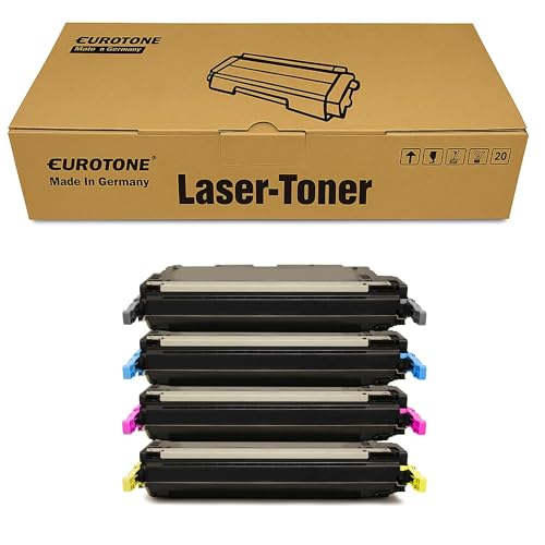 Eine braune Eurotone Laser-Toner Schachtel mit vier Tonerkartuschen in Schwarz, Zyan, Magenta und Gelb davor.