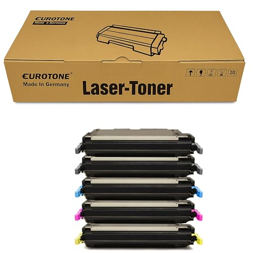 Eine braune Eurotone Laser-Toner Box mit fünf übereinandergestapelten Tonerkartuschen davor.