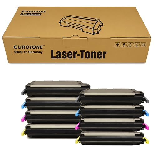 Braune Eurotone Lasertoner Box mit acht dazugehörigen schwarzen und farbigen Tonerkartuschen.