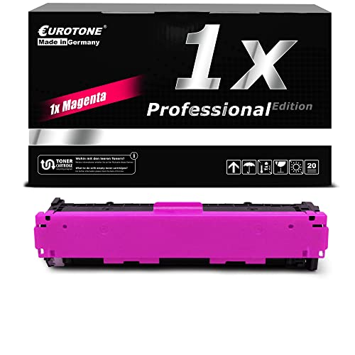 Eine magenta-farbene Tonerkassette vor ihrer schwarzen Verpackungsschachtel.