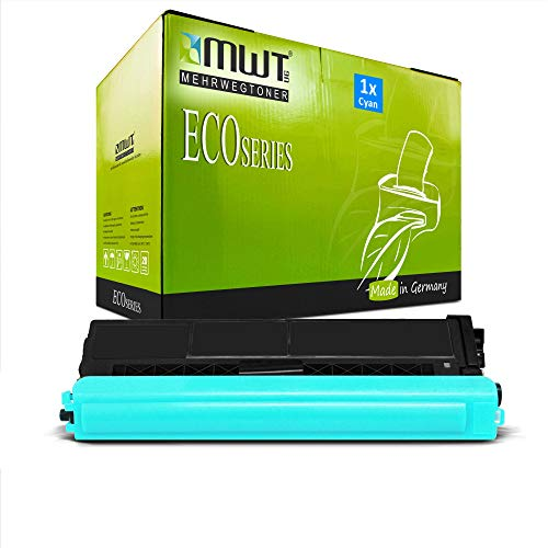 Cyanfarbene Tonerkartusche und grüne MWT EcoSeries Verpackungsbox.
