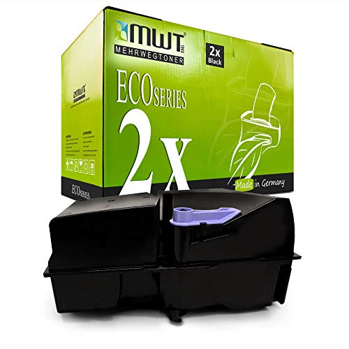 Eine MWT EcoSeries Tonerbox in Grün und Schwarz vor einer Tonerpatrone.
