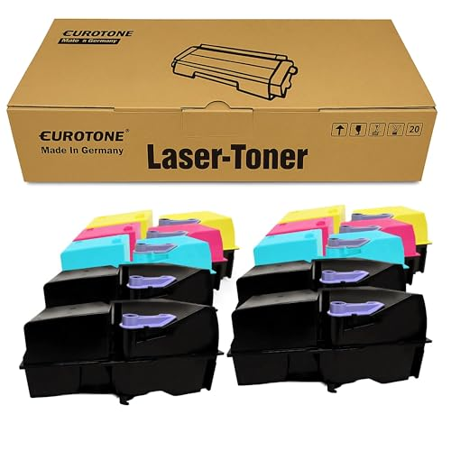 Eine Eurotone Laser-Toner Schachtel über vier Sätzen schwarzer und bunter Tonerkartuschen.